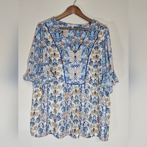 Rose & Olive Blouse‎ Womens 2X Blue White Gold Butterfly Floral Flutter Sleeve